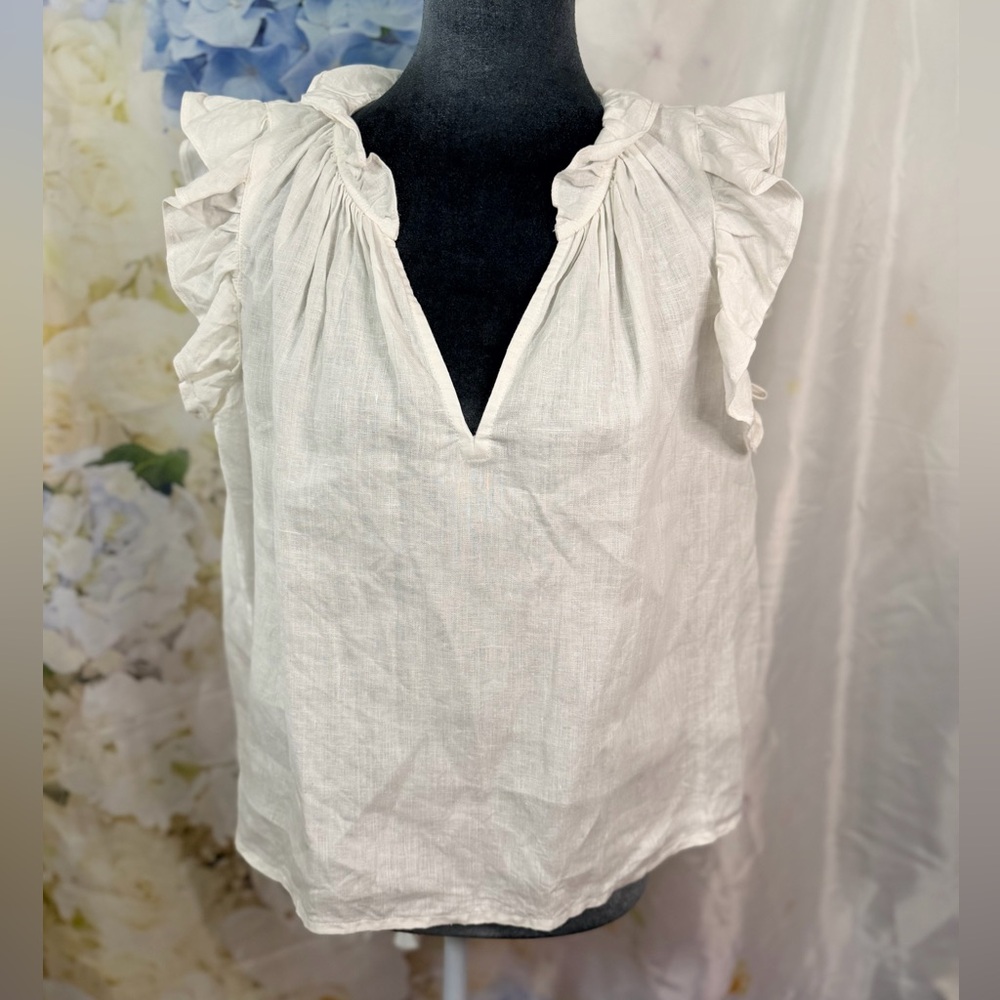 Olivaceous Cream Ruffle linen Blouse cap ruffle sleeve v neck coastal - Picture 1 of 9